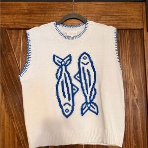 White Knit Sweater Vest with Blue Fish Accents
